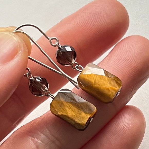 Artisan 925 Sterling Silver Hook Semi Precious Stone Earrings, Tiger eye, Topaz - Picture 1 of 4